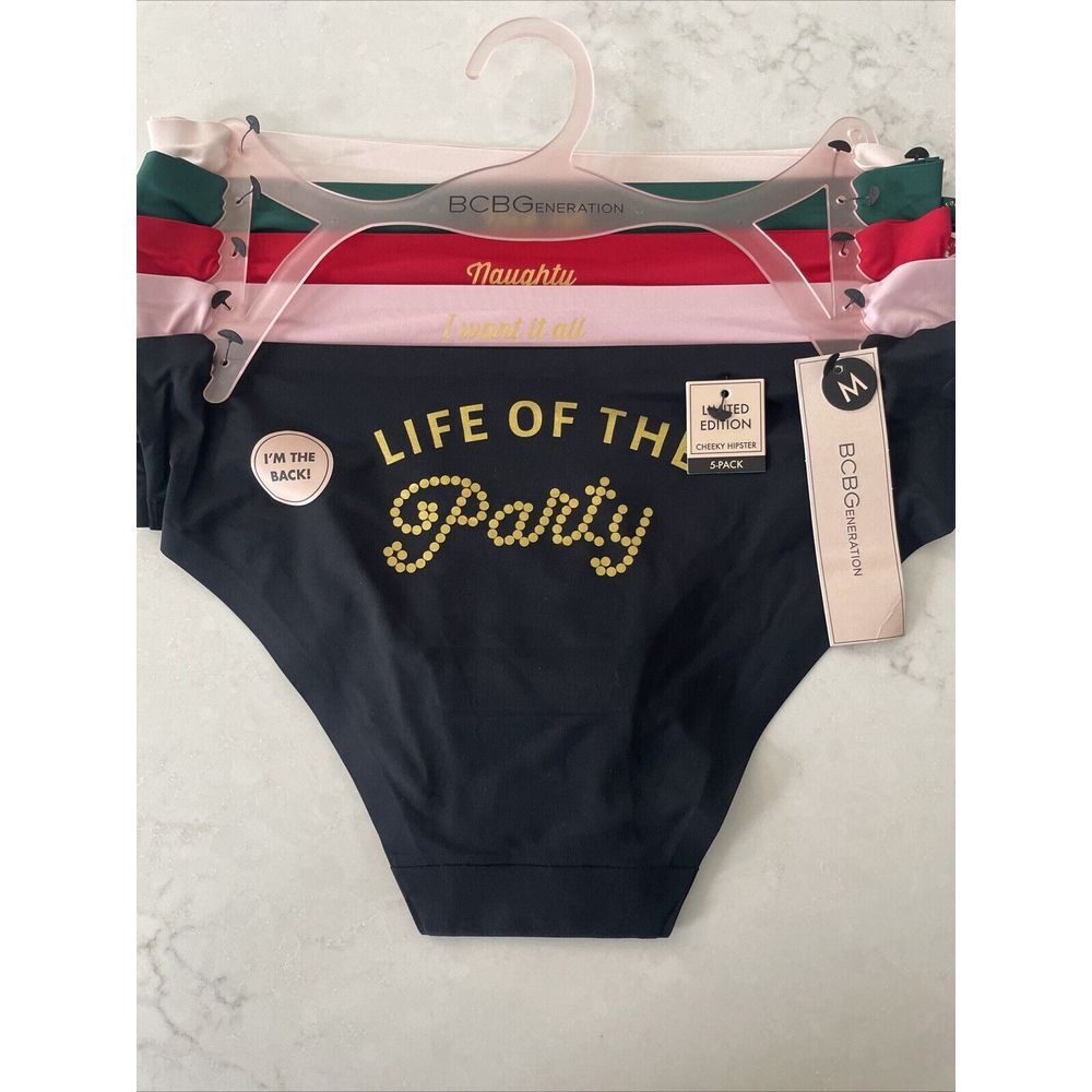 BCBG 3 Pack Women's Medium Cheeky Hipster Panties Party Naughty Cheers Pink NWT